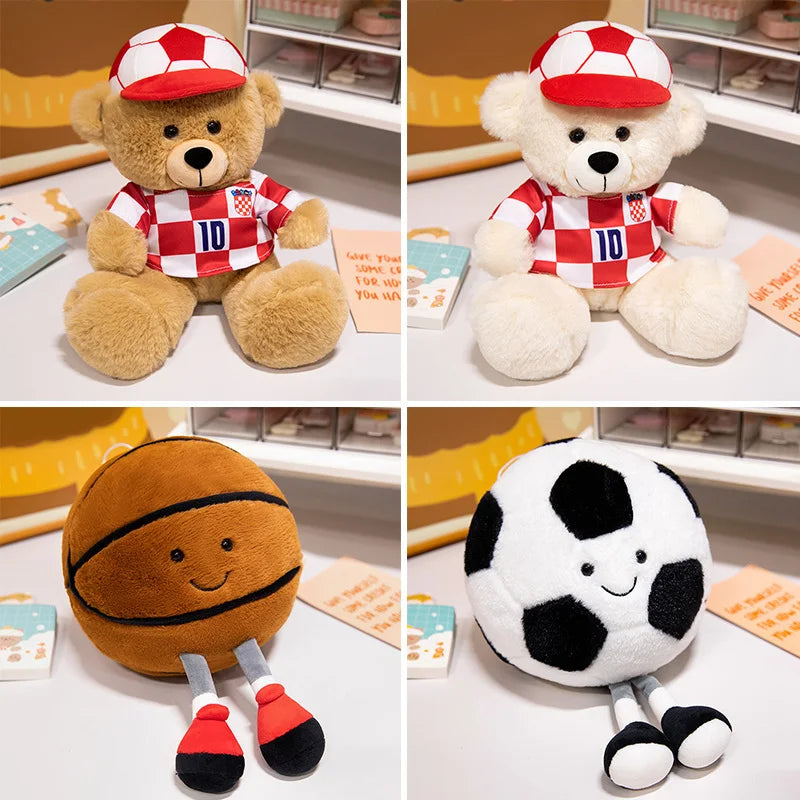 25/30cm Creative Sports Soft  Bear Plush Pillow Cartoon Basketball Soccer Ball Huggable Pillow Refuel Sports Bear