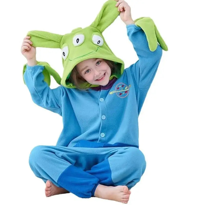 New Cartoon Toy Story Anime Alien Jumpsuit Pajama 3 Eyes Alien Onesie Polar Fleece Sleepwear Child Adult Plush Home Clothing