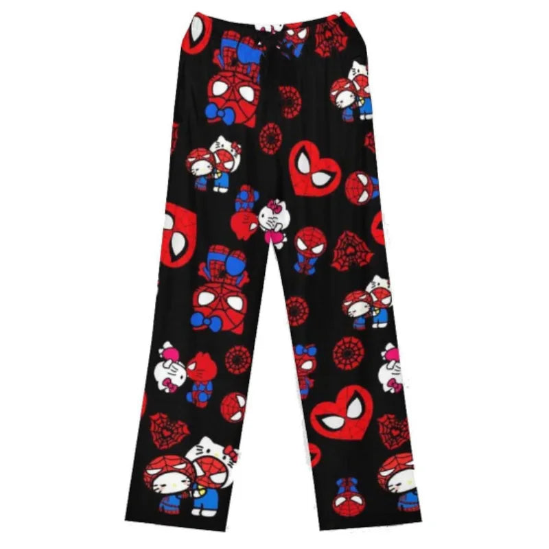 Sanrio Hello Kitty Spider Man Flannel Cartoon Thick Sleepwear For Women In Autumn And Winter Loose And Warm Pants For Wearing