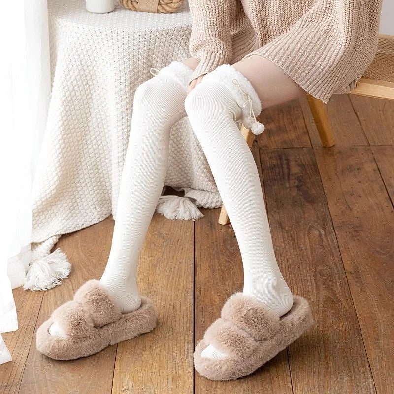 Japanese Vertical Stripe Plush Stockings Autumn Winter Cute Tights Kawaii Lamb Fur Wool Ball Calf Socks Lolita Knee High Socks