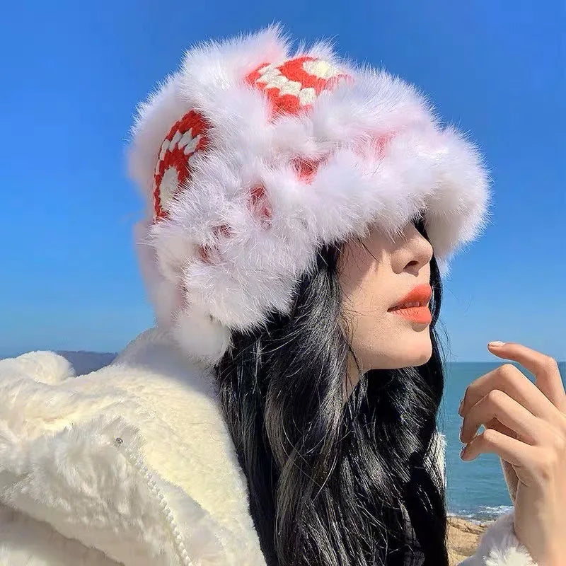 2025  Autumn And Winter China-Chic Rabbit Hair Lion Awakening Womens Cute And Warm Fisherman Hats Versatile And Showcasing Faces