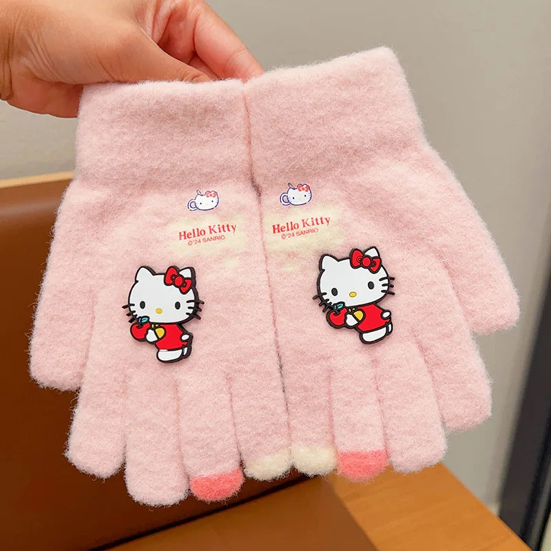 Kawaii Sanrio Hello Kitty Gloves Kuromi My Melody Cinnamoroll Winter Plush Thickened Mittens Girls Gloves 6-12 Years Old Gift