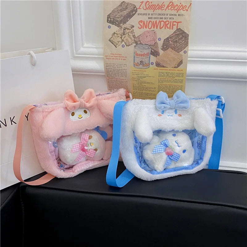 New Kawaii Sanrio Plush Transparent Messenger Bags Cinnamoroll Melody Kuromi Cartoon Doll Hello Kitty Birthday Gift Handbag