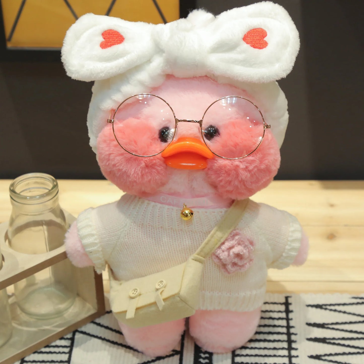 30cm Cute Cafe Pink Duck Stuffed Plush Animals Toy Wear Glasses And Hoodie Soft Doll Girl Birthday Creative Gift For Girls