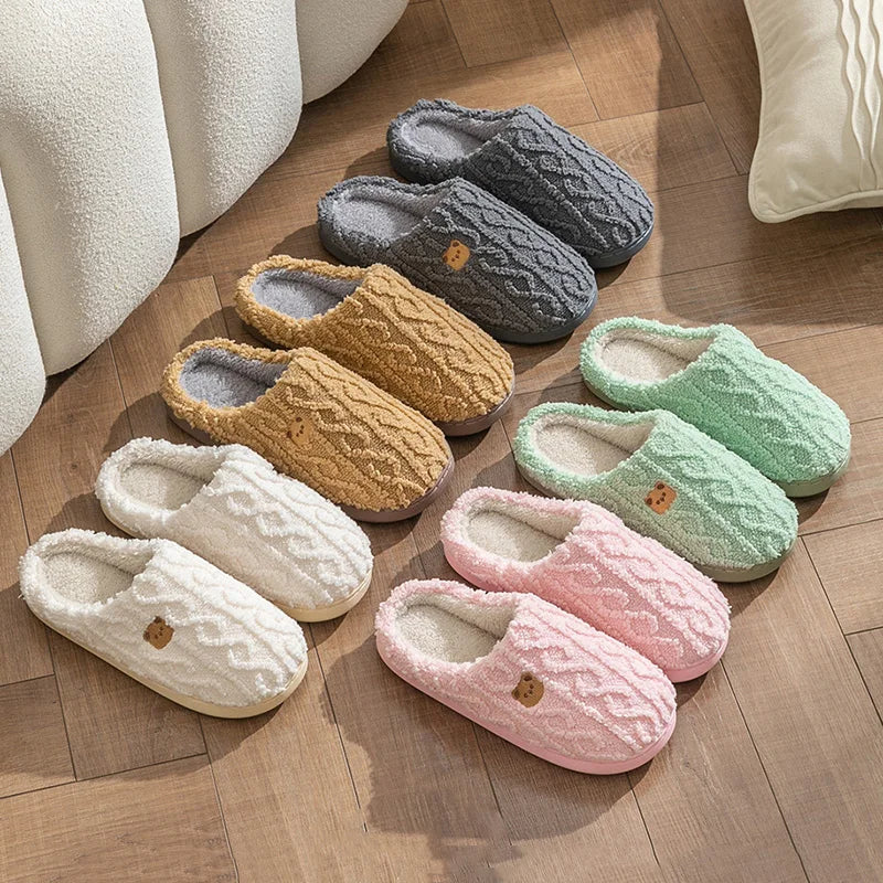 Plain Striped Design Home Slippers Women Winter 2024 New Soft Sole Anti Slip Cotton Shoes Woman Indoor Warm Soft Plush Slippers