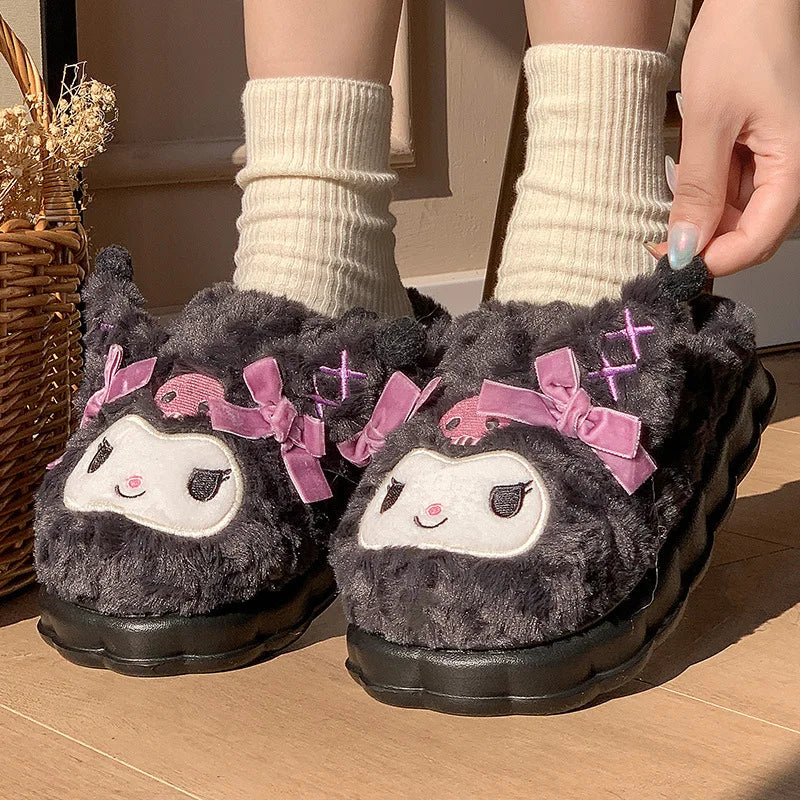 Sanrio Plush Slippers Kuromi Cotton Slippers Sweet Suitable Winter Home Slippers Thick Sole Keep Warm Cotton Shoe Christmas Gift