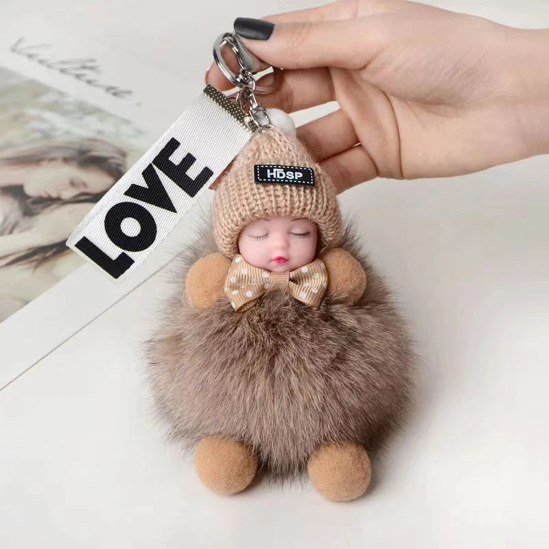 Cute Sleeping Baby Keychain Charm Cute Fluffy Plush Doll Car Keychain Fashion Women's Bag Charm Backpack Decoration Gift