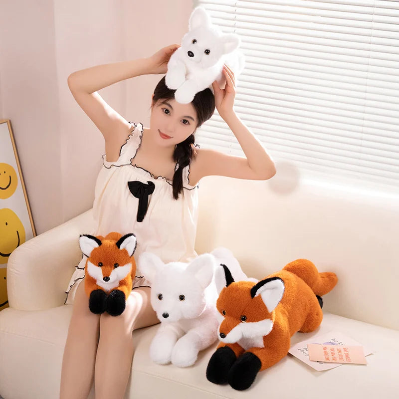 45/65/90CM Furry Fox Plush Toys Lying White Orange Fox Soft Pillow Stuffed Doll Cute Sofa Cushion