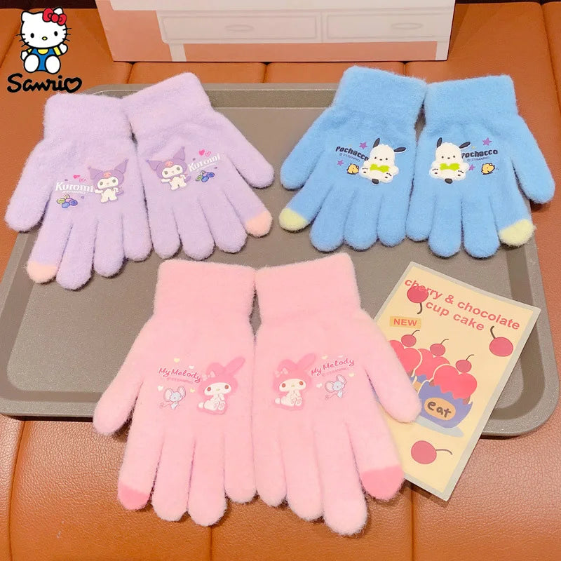 Kawaii Sanrio Gloves Children's Warm Gloves Kuromi Melody Winter Plush Thickened Full Fingers Mitten Accessories Christmas Gifts