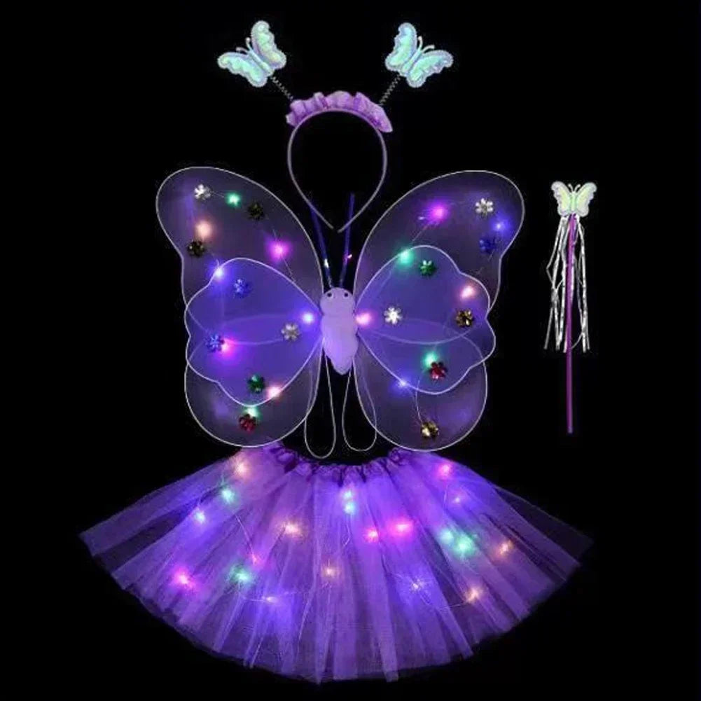 3/4Pcs/Set Double Layers Girls Led Flashing Light Fairy Butterfly Wing Wand Headband Costume Toy Gift Halloween Decoration