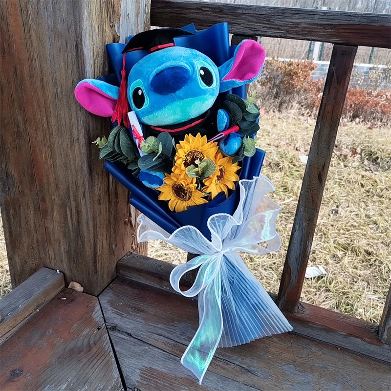 Hot Lilo & Stitch Graduation Plush Bouquet Toys with Sunflower Anime Stuffed Animals Student Graduation Souvenir Birthday Gift