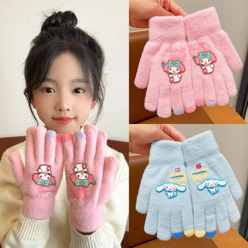 Kawaii Sanrio Hello Kitty Gloves Kuromi My Melody Cinnamoroll Winter Plush Thickened Mittens Girls Gloves 6-12 Years Old Gift