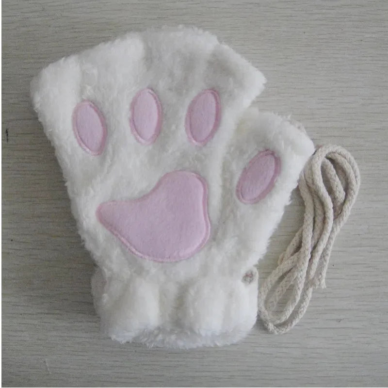 Cartoon Cute Cat Claw Paw Gloves Women Plush Mittens Warm Soft Plush Short Fingerless Fluffy Bear Cat Gloves Costume Half Finger