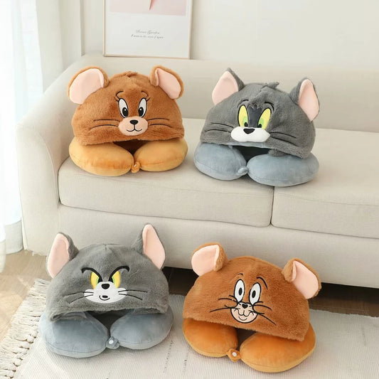 Lovely Anime Tom and Jerry Plush Hooded U-Shaped Pillow Cute Travel Nap Pillow Kawaii Comfortable Gifts For Girl