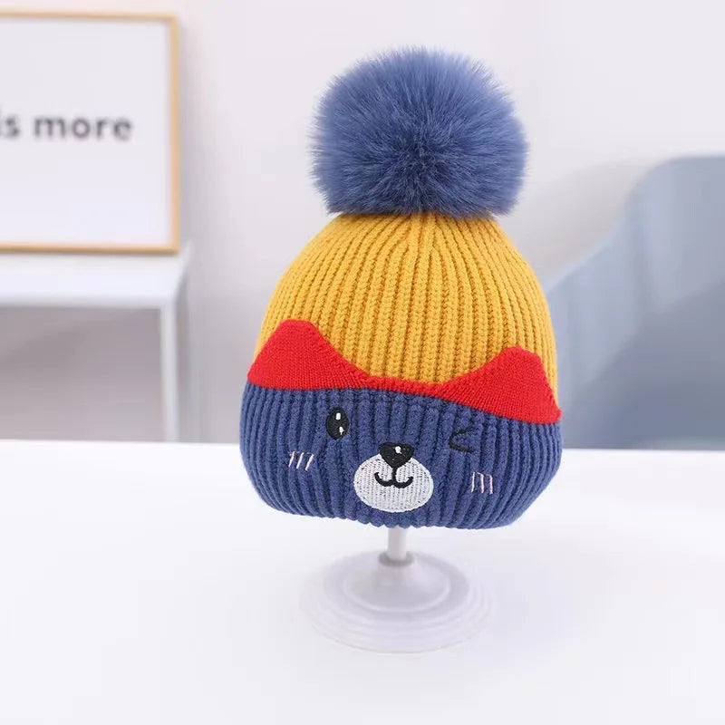 Soft Fluffy Baby Pompom Pullover Hat Cartoon Type Warm Baby Knitted Cap Plush Fluffy Windproof Winter Baby Earmuffs