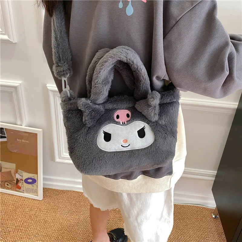 Kawaii Sanrio Hello Kitty Plushie Bag Cinnamoroll Kuromi Shoulder Bag Cute Melody Stuffed Storage Handbag Birthday Gift for Girl