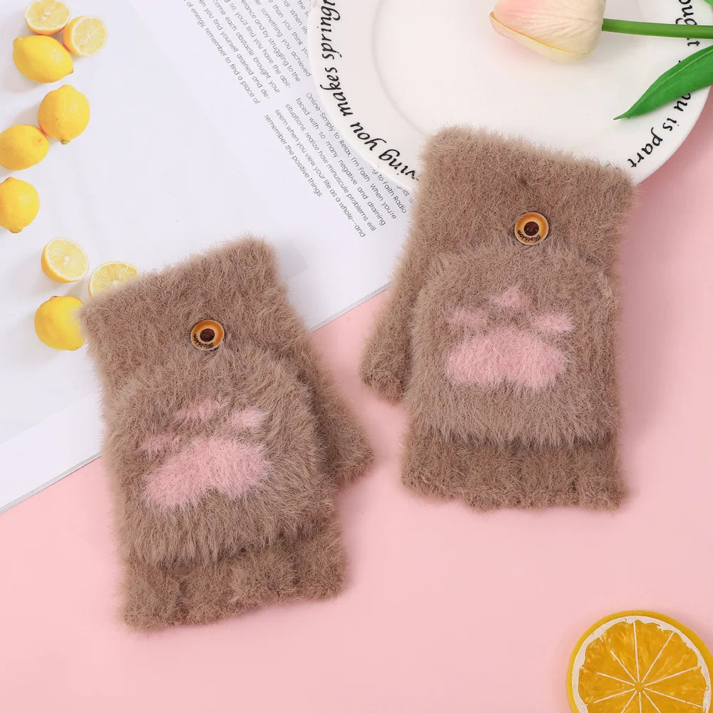 Thicken Women Warm Cat Gloves Fashion Girls Cat Claw Paw Plush Mittens Soft Plush Short Fingerless Half Finger Winter Gloves