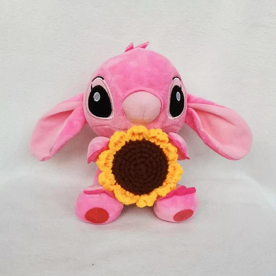 Disney Stitch Stuffed Plush Dolls Hand Woven Sunflower Rose Cartoon Stuffed Anime Blue Pink Plush Toys Christmas Birthday Gift