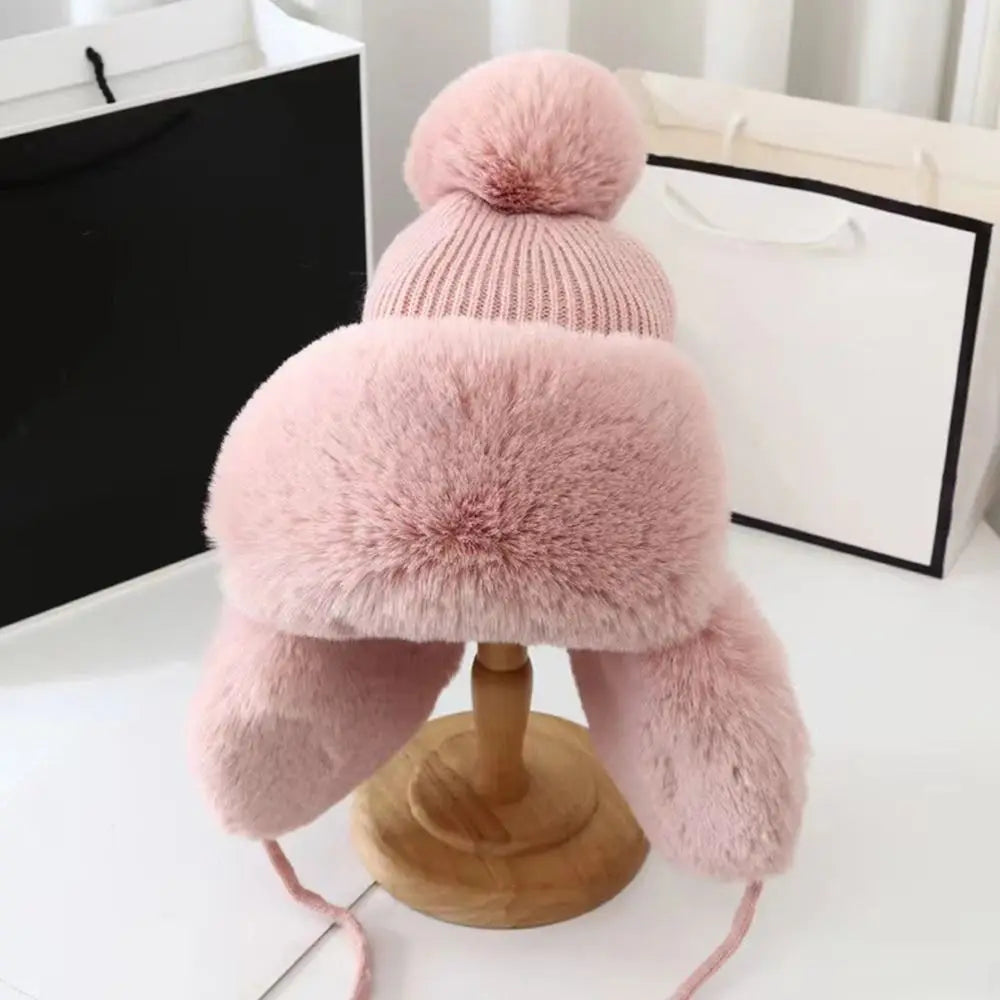 Women Cute Winter Warm Kawaii Plush Hat Thickened Cute Bomber Hat Ear Protection Woolen Cap