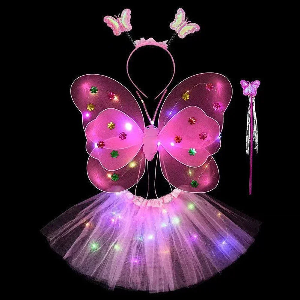 3/4Pcs/Set Double Layers Girls Led Flashing Light Fairy Butterfly Wing Wand Headband Costume Toy Gift Halloween Decoration