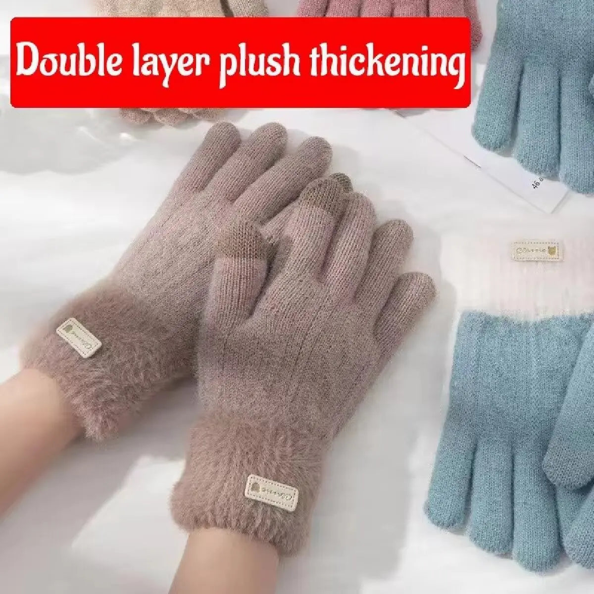 Winter Women Warm Knitted Gloves Plush Knitted Autumn and Winter Warm Double Layer Thick Gloves Touch Screen Ski Gloves