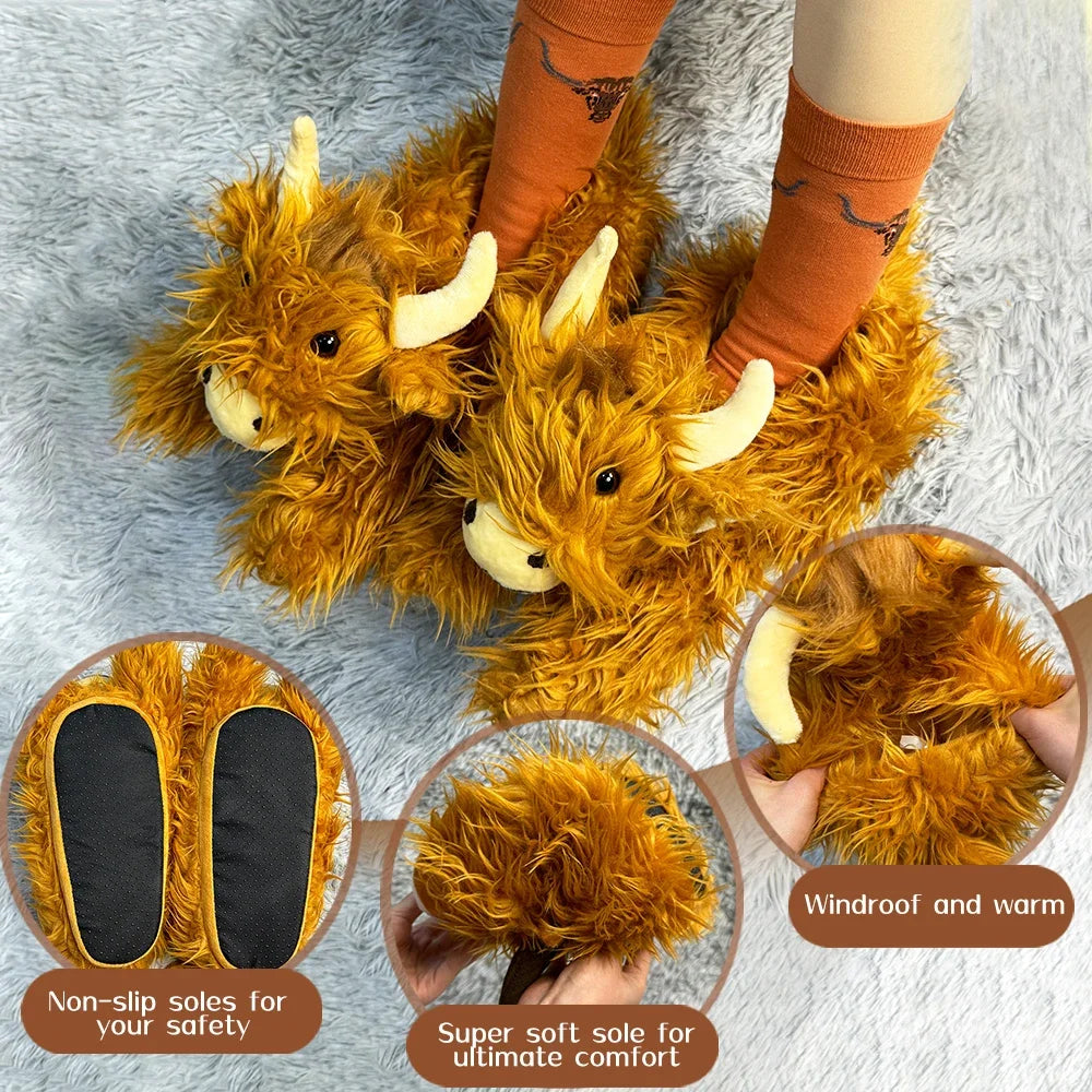 TreasuringU Highland Cow Plush Slippers with Stocks Animals Cow Slippers Kawaii Adult Kids Home Slippers Cattle Christmas  Shoes