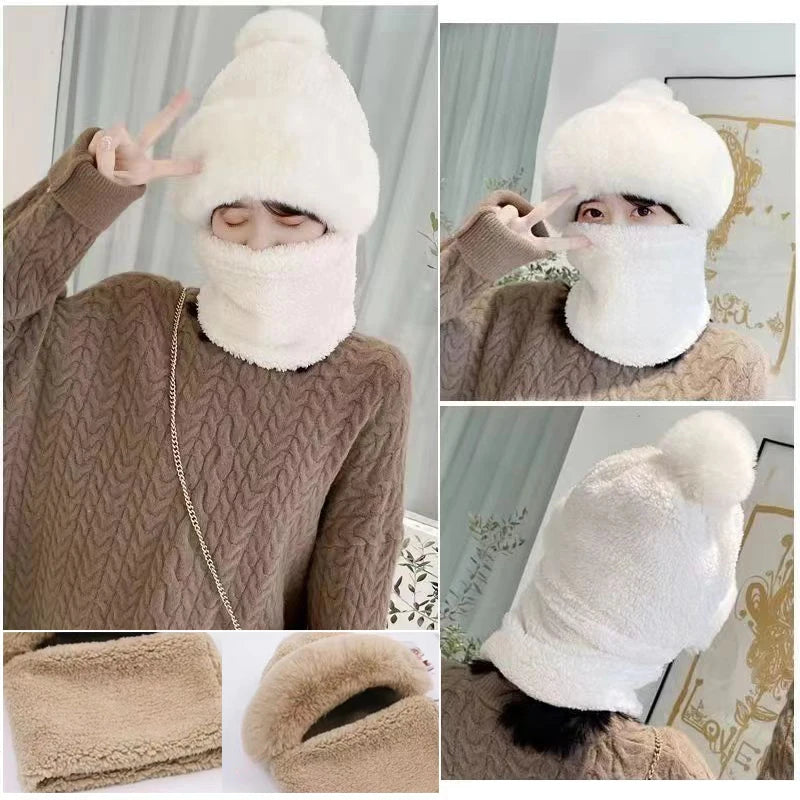 Fashion Plush Hat Scarf Mask Set Winter Warm Hat Neck Warmer Outdoor Cycling Windproof Warmer Scarf Hat Ear Protection