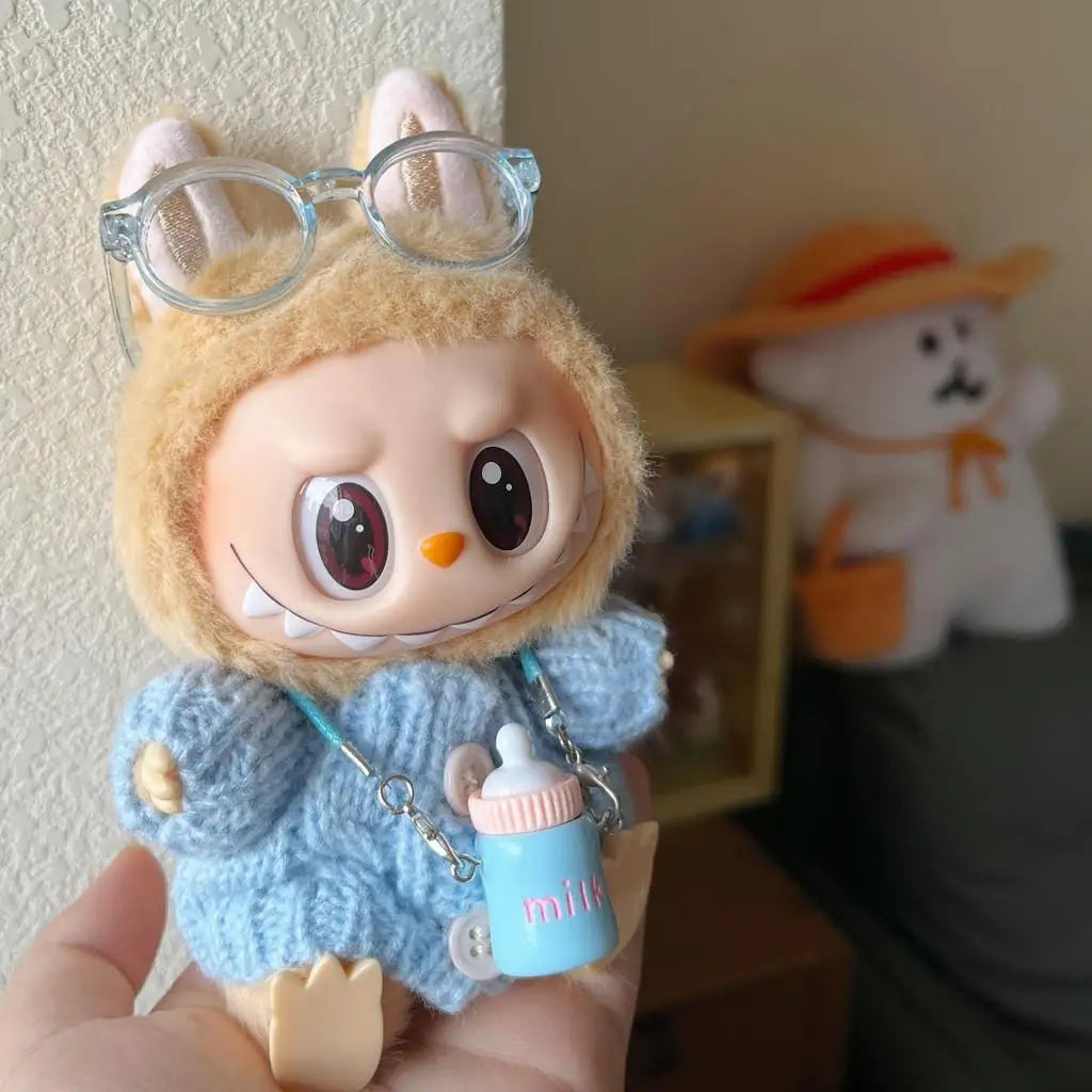 Doll'S Clothes Outfit Accessories For Labubu Sitting Party Sweater Clothes Glasses Necklace Autumn and Winter Travel Cute Set