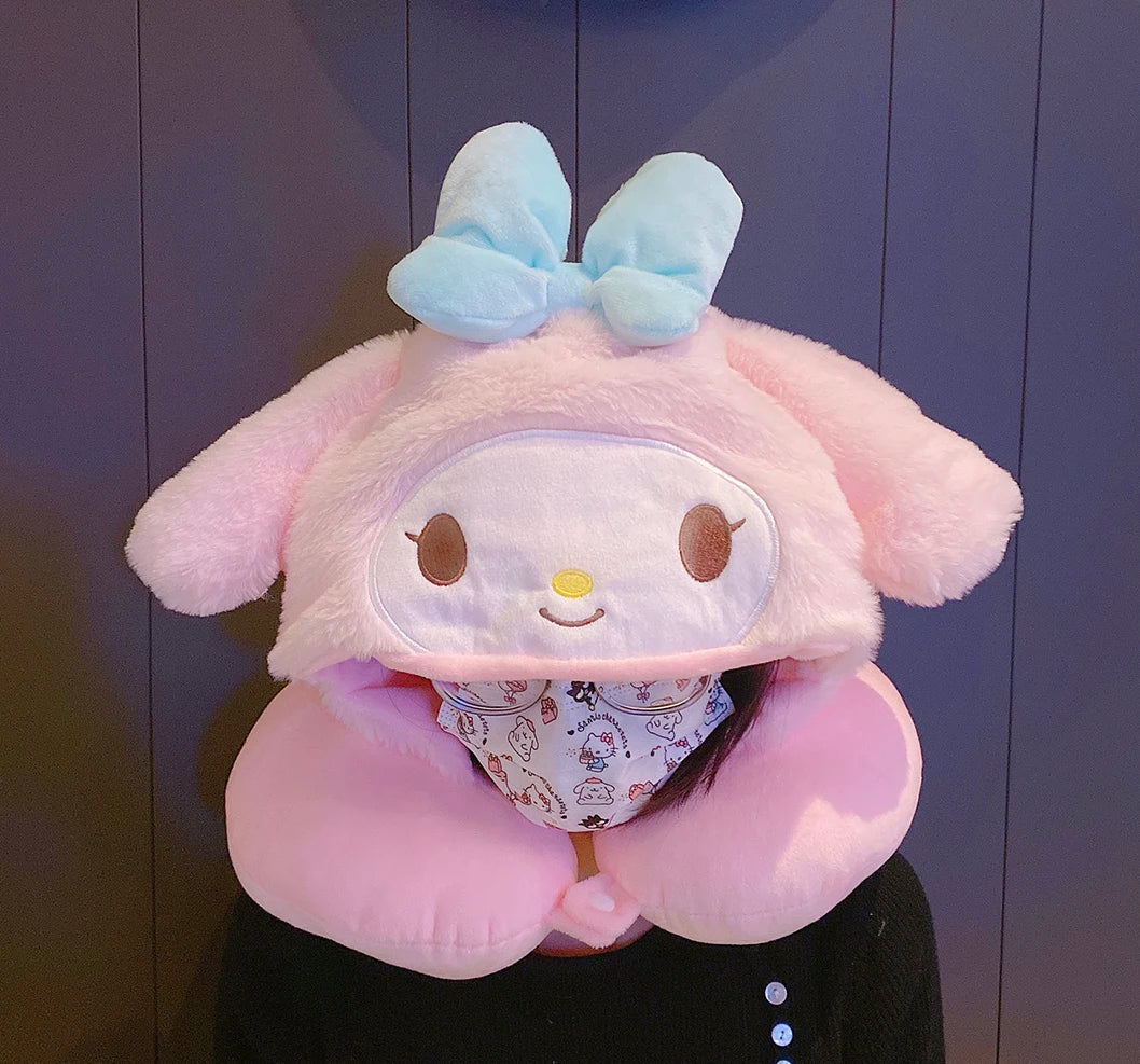 Sanrio Cartoon Kuromi My Melody U-shaped Hooded Neck Pillow Pochacco Travel Blackout Nap Pillow Office  Cinnamoroll Pillow Gift