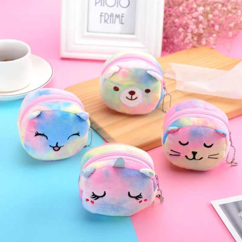 Colorful Cat Cute Cartoon Plush Purse Little Bear Coin Bag Key Hook Pendant Pocket Pouch Wallet