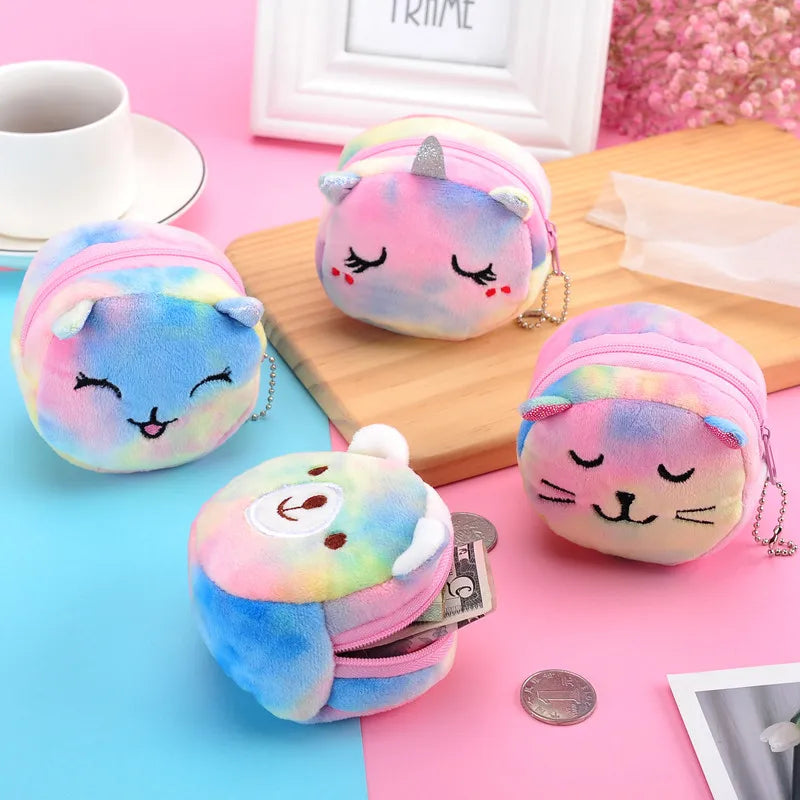 Colorful Cat Cute Cartoon Plush Purse Little Bear Coin Bag Key Hook Pendant Pocket Pouch Wallet