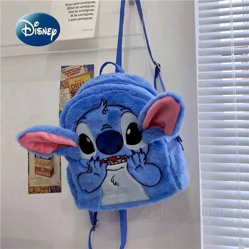 New Disney Plush Backpack Ins Japanese Blue Stitch Funny Cartoon Large-Capacity Student Backpack Kindergarten Bag Child Gift