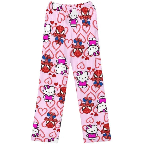 Sanrio Hello Kitty Spider Man Flannel Cartoon Thick Sleepwear For Women In Autumn And Winter Loose And Warm Pants For Wearing